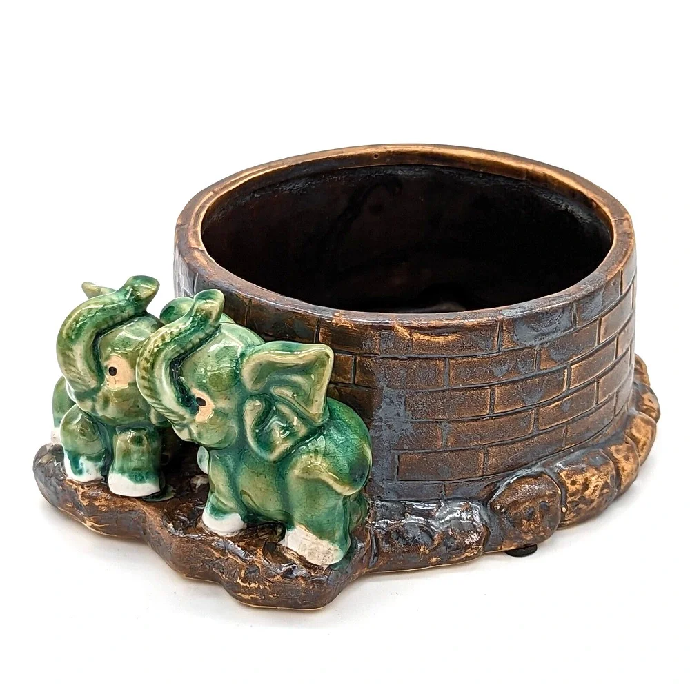 Vintage Majolica Lucky Elephant Planter Two Green Elephants Trunks Up China - Picture 10 of 12